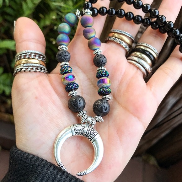 Moon bead necklace . Genuine Onyx , black lava rock druzy quartz silver choker - Picture 7 of 11